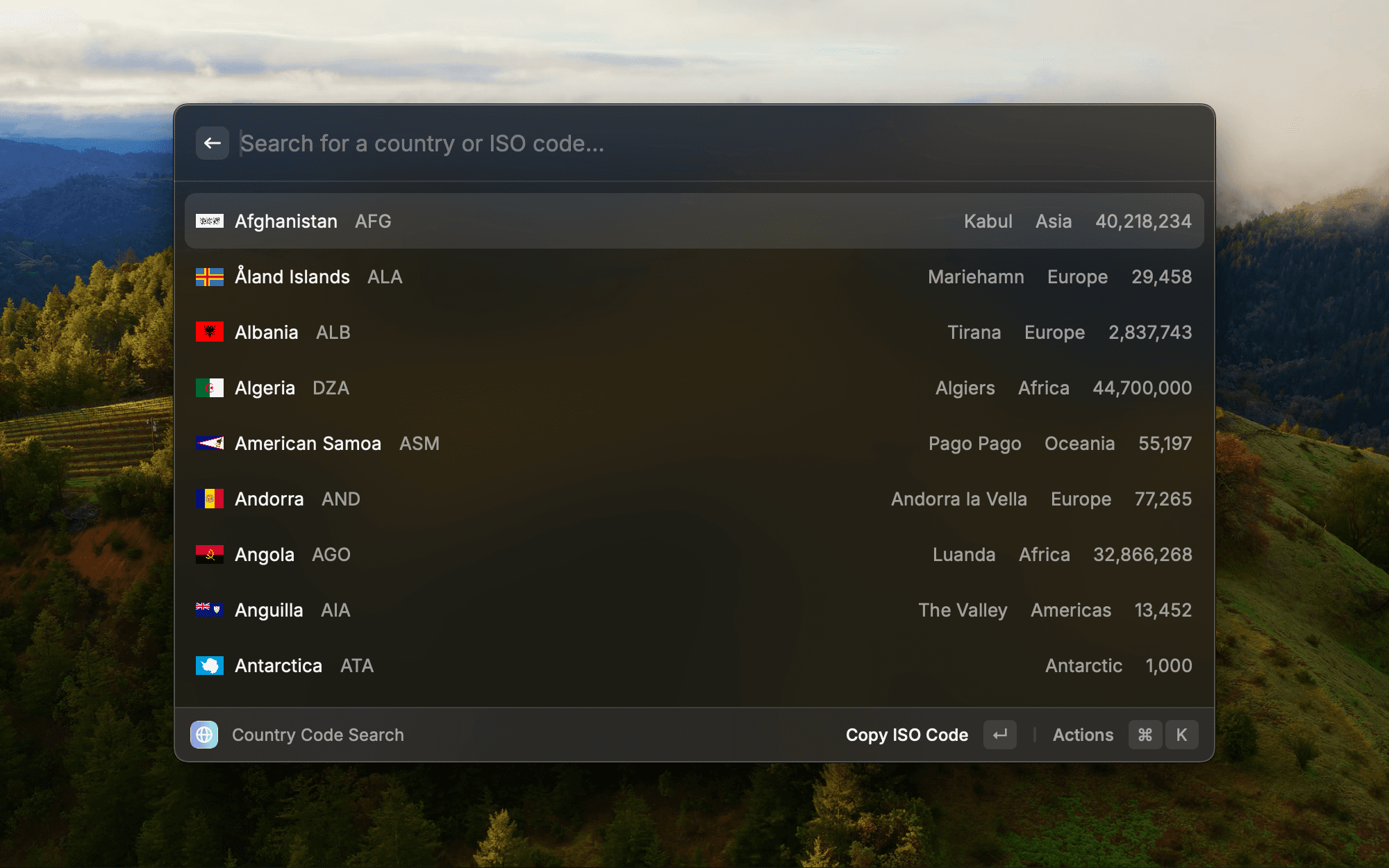 Raycast - Country ISO Lookup screenshot